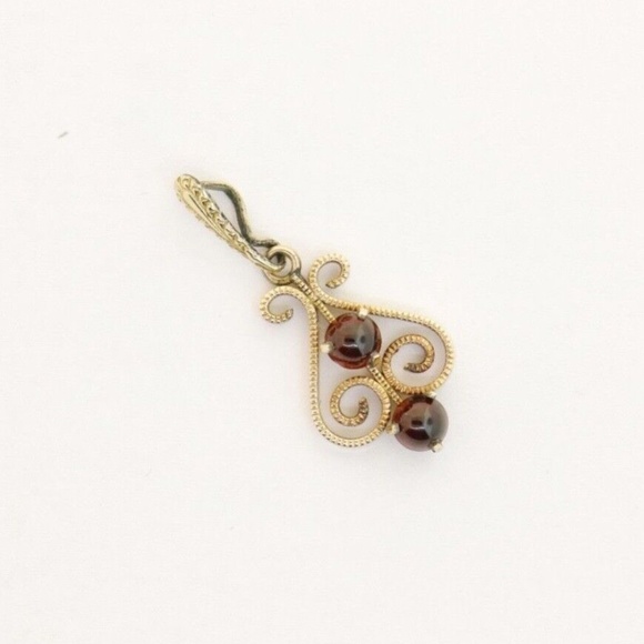 10K Yellow Gold ANTIQUE Garnet Bead Filigree Lavalier Pendant 0.8g - Picture 5 of 7